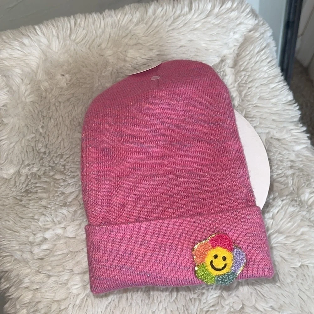 Pink Beanie with Smiley Face Patch